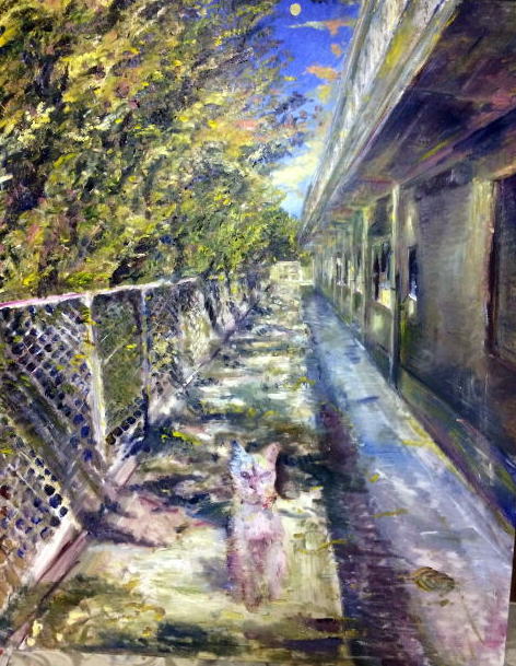 寂しく猫がこちらを見る、遠くに月が、病院の裏　関西一陽展入選