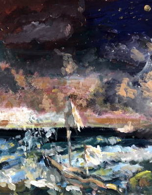 荒れる海　寒村　流れる雲と垣間見る月